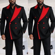 Black Red Men's Suits Splicing Peak Lapel Double Breasted Wedding Tuxedo 2Pieces
