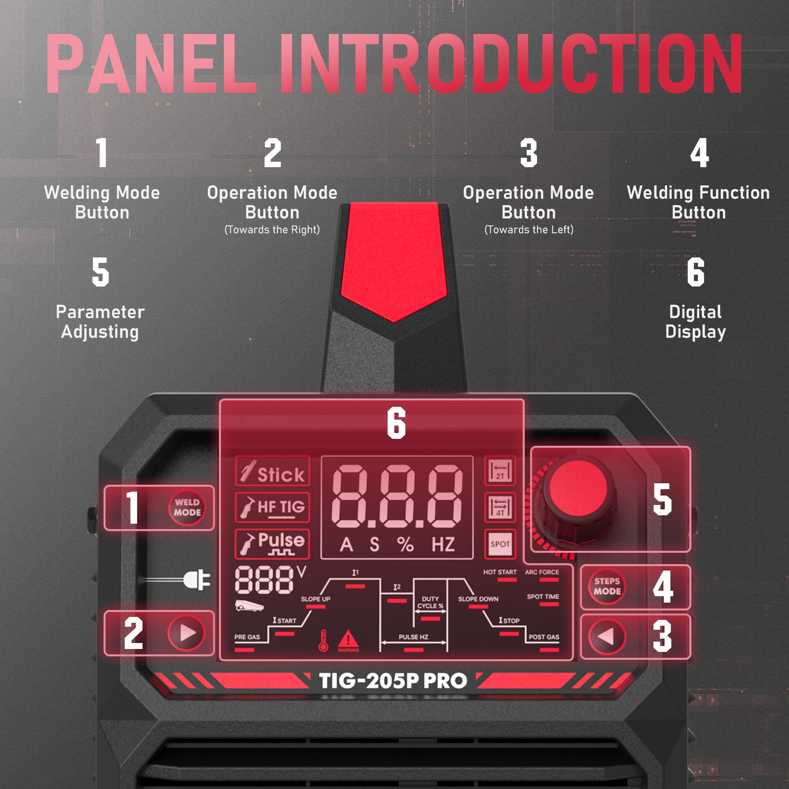 205A Pulse TIG Welder with Large LED Display, 3-in-1, Dual Voltage 110V/220V