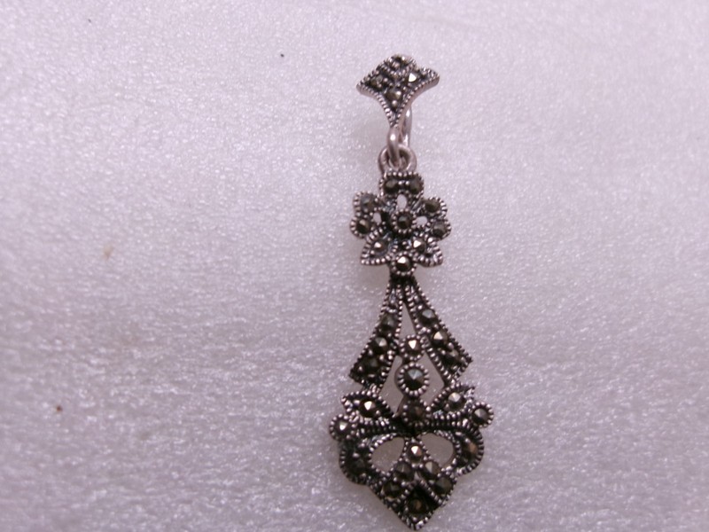 Vintage Sterling Silver Marcasite Pendant Ornate Open Work Charm Signed 925 TH