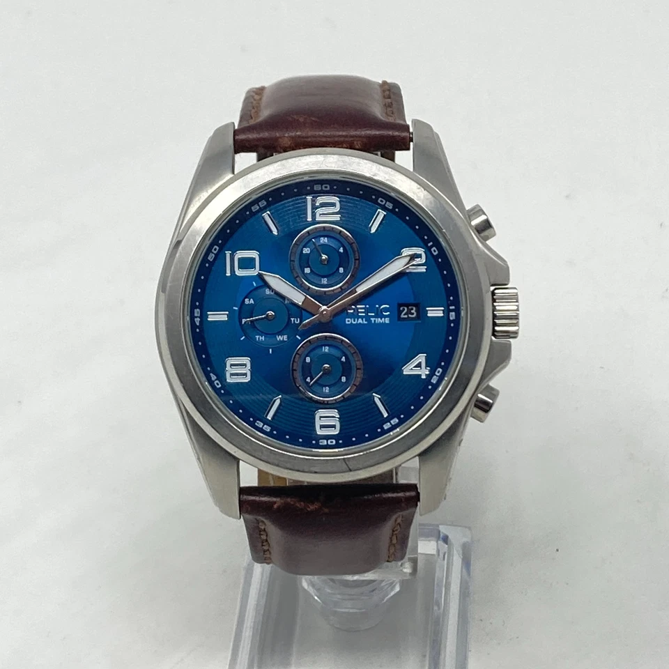 Reloj Reliquia Hombre 44mm Tono Plateado Doble Hora Día Fecha Esfera Azul Batería Nueva 9.5" Foto 3 de 4