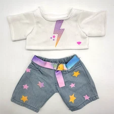 Build a Bear Rare We Wear Cute White Lightning Top Star Belt Denim Teddy Jeans