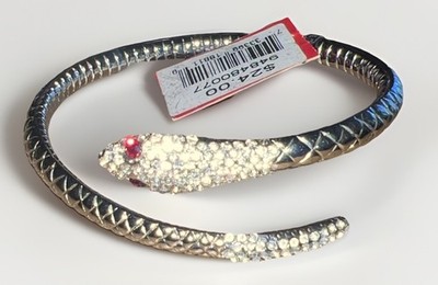 Bangle Bracelet Rhinestones Snake Head Silver Tone Red Eyes
