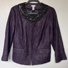 Chico's Sz 1 Evening Jacket Plum Textured Beaded Neckline Clasp Closure