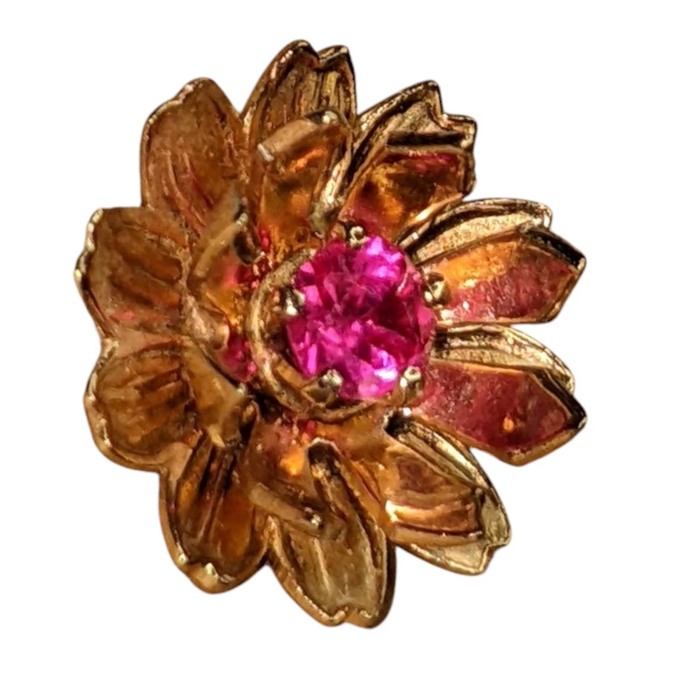 10K Solid Yellow Gold 3.3mm Wide Pink Ruby Flower Screw Back Earrings 2.2gm - Image 3 of 4