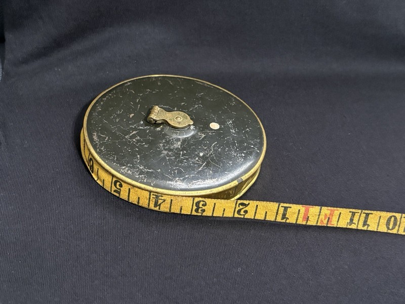 Vintage Lufkin 100 FT Cloth Tape Measure Brass Case Hand Crank Surveyor Tool