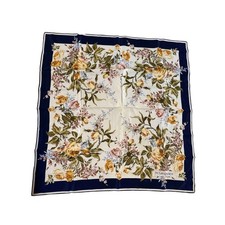 Yves Saint Laurent Vintage Silk Floral Scarf Navy Blue Gold 74cm Square Foulard