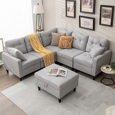 L-Shaped Sectional Corner Sofa Set w/ Removable Ottoman  Seat Cushions Grey