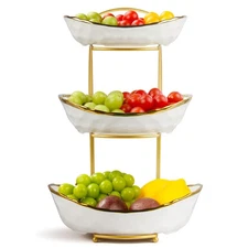 3 Tier Ceramic Fruit Basket Stand | Kitchen Counter Storage, Dessert Snacks