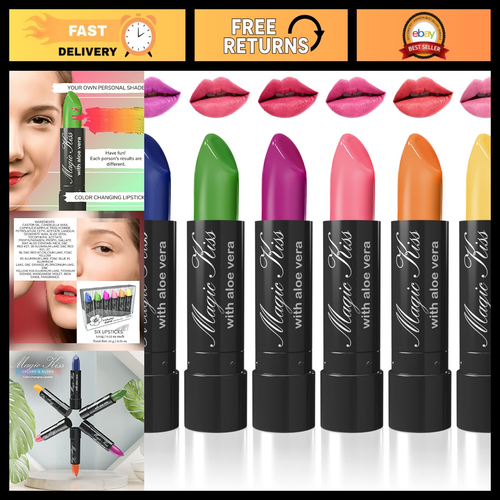Set of six matte lipsticks in various colors, including Aloe Vera Infused, with pink-yellow packaging and visible branding.