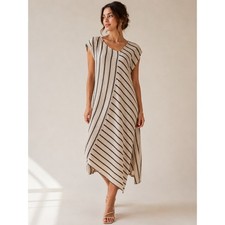 Tahari Midi Dress L Beige Striped Linen Blend Asymmetrical Shift Lagenlook Boho