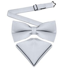 Mens Banded Bow Tie and Pocket Square Set  Solid Color  Pre Tied Silver