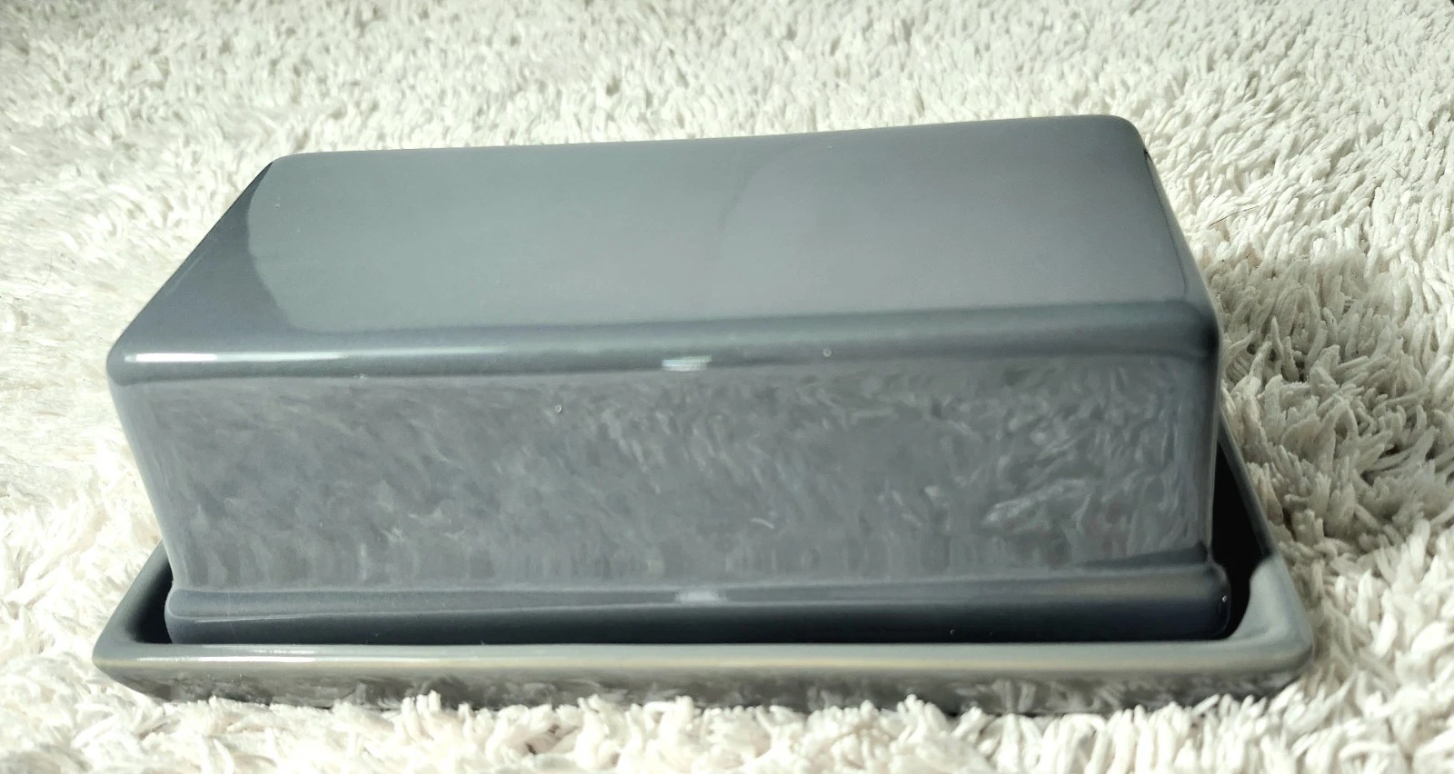 Vintage MainStays Rich Grey Butter Dish Ceramic Polish Lid & Tray, Modern Cast..