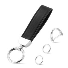 Leather Keychain, Car Key Chain with Anti-Lost D-Ring and 2 Key Ring, B-black