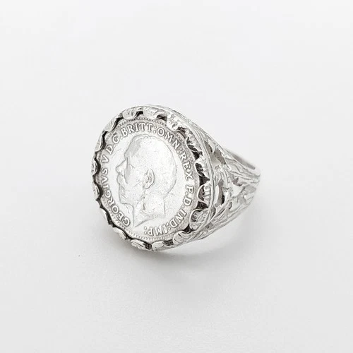 George V Silver Signet Ring Threepence Coin 1918 Sterling Sovereign Pinky Sz L