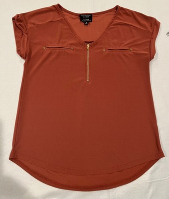 Flower & Feather Zip-Front Blouse- Rust, Size S