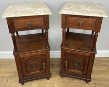 Pair of Bedside Tables Antique French Marble Top Carved Oak Cabinets LOT 4918
