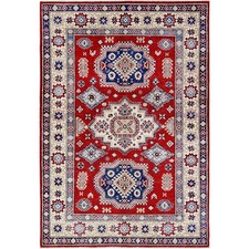 4'10"x7' Red Kazak Geometric Design Hand Knotted Pure Wool Oriental Rug R330