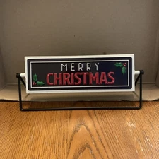 MERRY CHRISTMAS Metal Tabletop Desk Plaque Rotating Sign Red White Black C1