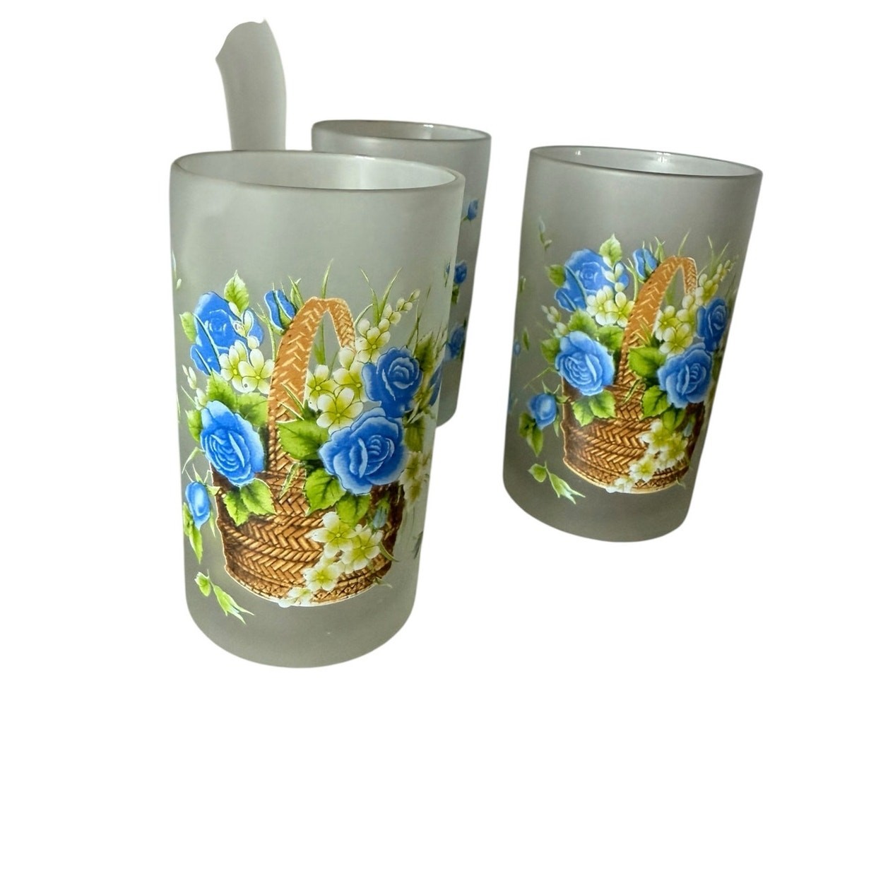 Vintage MCM Brilliant Brand Frosted Pitcher and 6 tumbler set Blue Roses Floral 