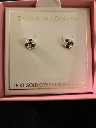 Great Gift! Blue & White Sapphire Earrings 18K Gold/925 Silver Lab Created Gems - Picture 3 of 6