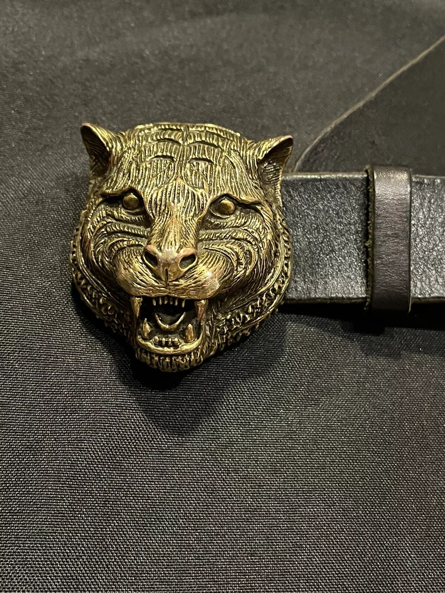 GUCCI TIGER FELINE GOLD BRASS BUCKLE BLACK LEATHER BELT 409420 85cm  AUTHENTIC