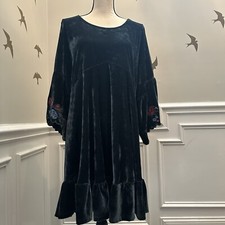 Umgee Velvet Mini Dress Dark Blue Green Med Embroidered Bell Sleeves Boho Fairy