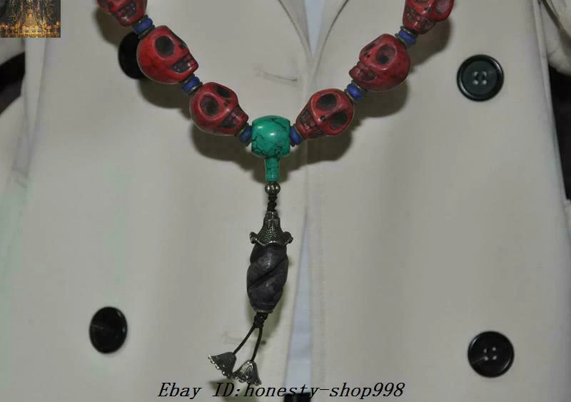 Tíbet Rojo Turquesa Tallado Calavera Esqueleto Humano Cabeza de la Muerte Oración Cuentas Cuentas Foto 4 de 4