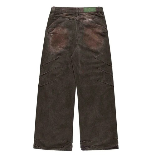 Worn Out Gradient Color Jeans Pleated Streetwear Style Wide Leg Pants