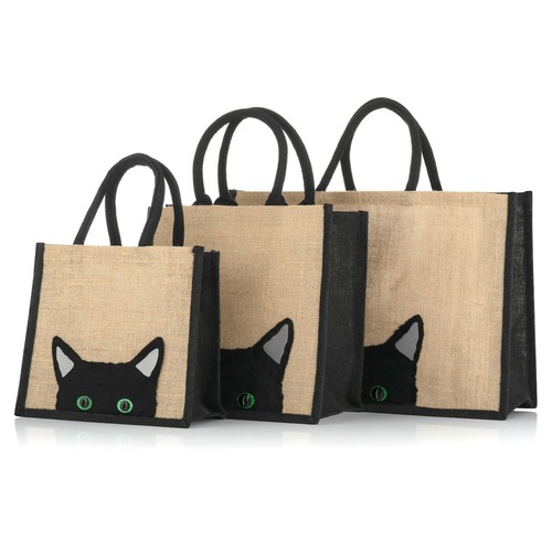 Jute Hessian Black Trim Shopping Bag Peekaboo Black Cat Design 3