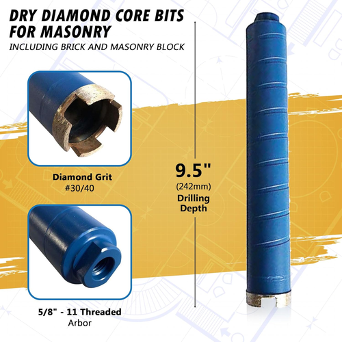 2" Dry Diamond Core Drill Bits for Brick, Block or Masonry, 9.5" Drilling Depth, - Picture 2 of 6