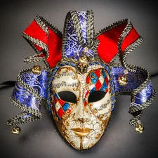 Blue Red Classic Jester Musical Joker Full Face Venetian Masquerade Party Mask