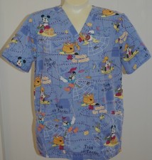 Disney Halloween Scrubs Top S Blue Mickey Goofy Pirates Candy V Neck Pockets