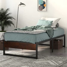 14'' Twin Size Metal Platform Bed Frame with Rustic Wood & Reverse Holes