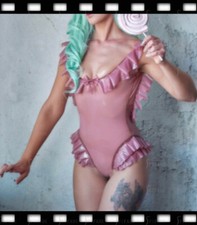 Latex Leotard Transparent Pink Sweat Ruffles Blackless No Zip Customized J30