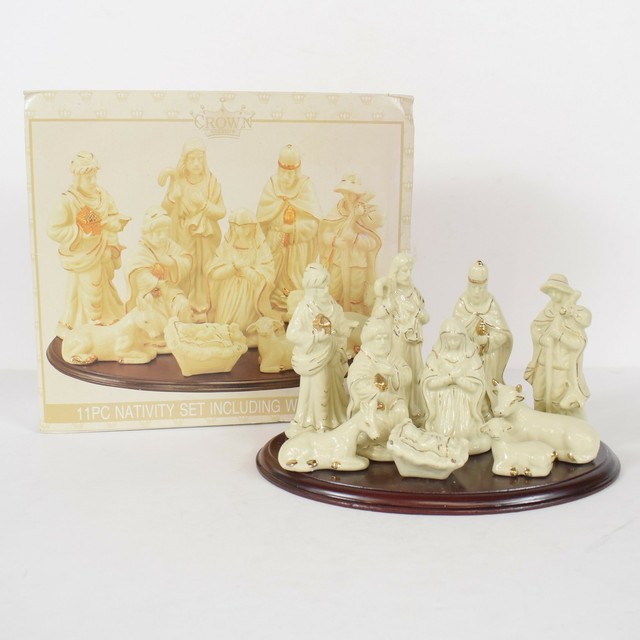 World Bazaars Crown Accents 11 PC Cream Gold Nativity Set Wood Base