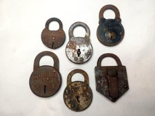 Lot of 6 old padlocks – as is no keys - Jupiter-Eagle-Ironsides-Secure Lever