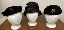Vintage Black Hats, One Black Velour, One Black Plastic Weave, One Black Wool