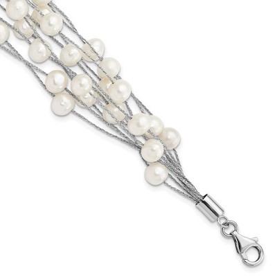Sterling Silver 7-8mm Freshwater Cultured Pearl Multi Strand Bracelet 7.25''