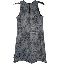 MUSE Metallic Damask Shift Dress Size 4 Gray Velvet Ruffle Hem Keyhole front