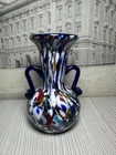 Antique Murano Millefiori Glass Vase Fratelli Toso Italy Cobalt Handles 5.1"