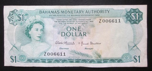 Banconota BAHAMAS $1 DOLLARO 1968 RICAMBIO Pick-27r BASSA SERIE Z 006611 VF+ - Foto 2 di 3