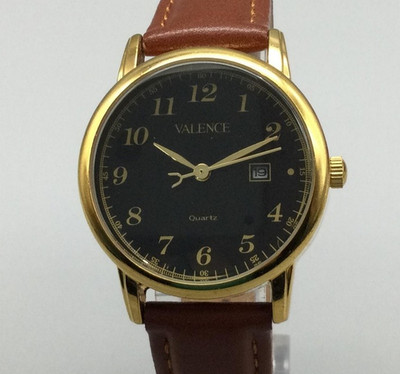 Valence Watch Womens 31mm Gold Black Dial Brown Leather Date Classic New Battery