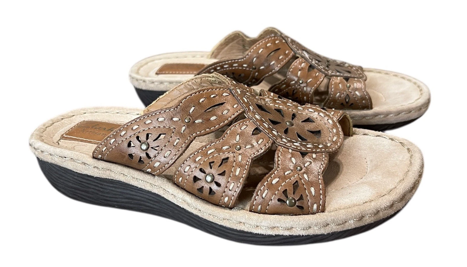 SANDALI DONNA CLARKS ARTIGIANALI IN PELLE MARRONE SLIDES TG 8 SLIP ON