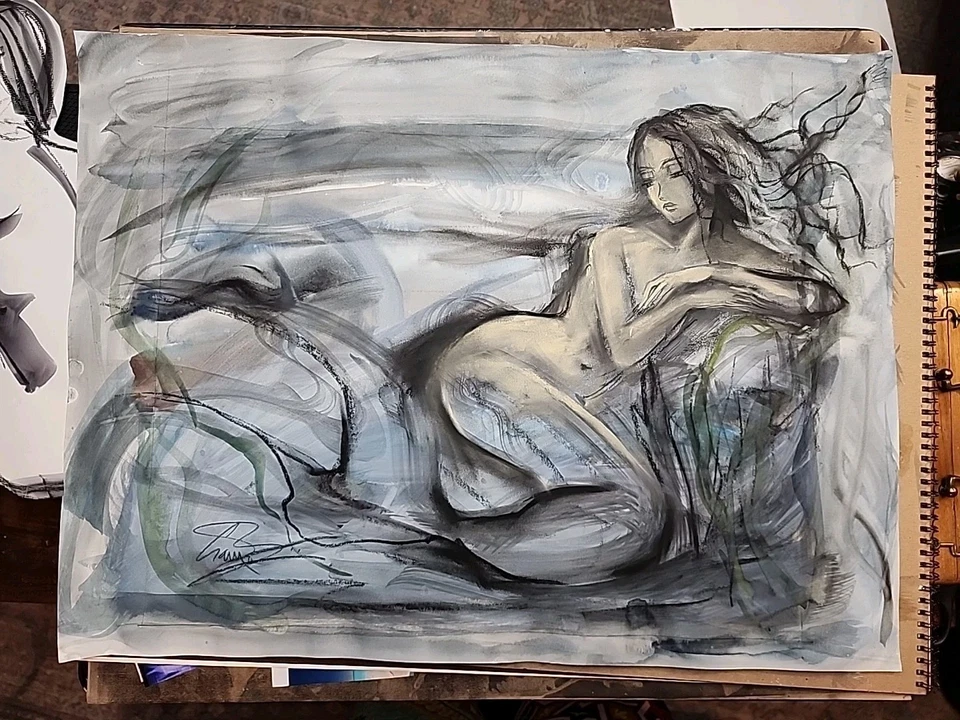 CRAMOLINI Mermaid Beauty Aquarela Pastel Carvão Desenho ARTE ORIGINAL Não Uma Estampa - Imagem 2 de 4