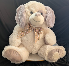 Cream Tan Dog Plush Fluffy Speckled Bow Ribbon 14  Seated Floppy Ears