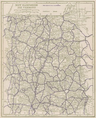 New Hampshire und Vermont State Highways. POATES 1925 alte antike Kartenkarte
