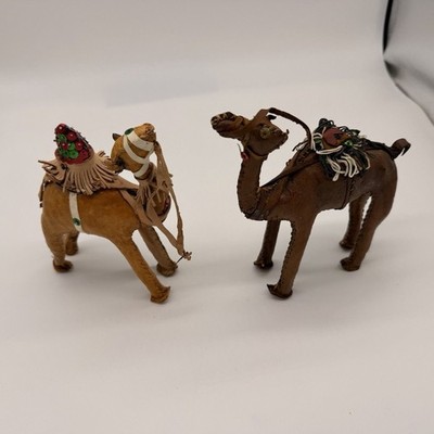 Vintage Hand Stitched Leather Wrapped Single Hump Camel Figures with Tassels 4''