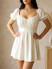 Lulus White Solid Square Neck Smocked Puff Sleeve Bow Tie Mini Dress S