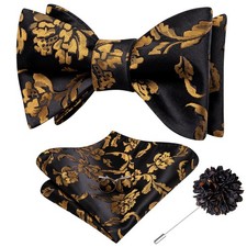 Black Gold Self Tie Bow Ties for Men Floral Silk Bowtie and Lapel Pin Handker...