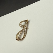 Cursive Letter / Initial J Brooch Pin Gold Tone Clear Rhinestone Small
